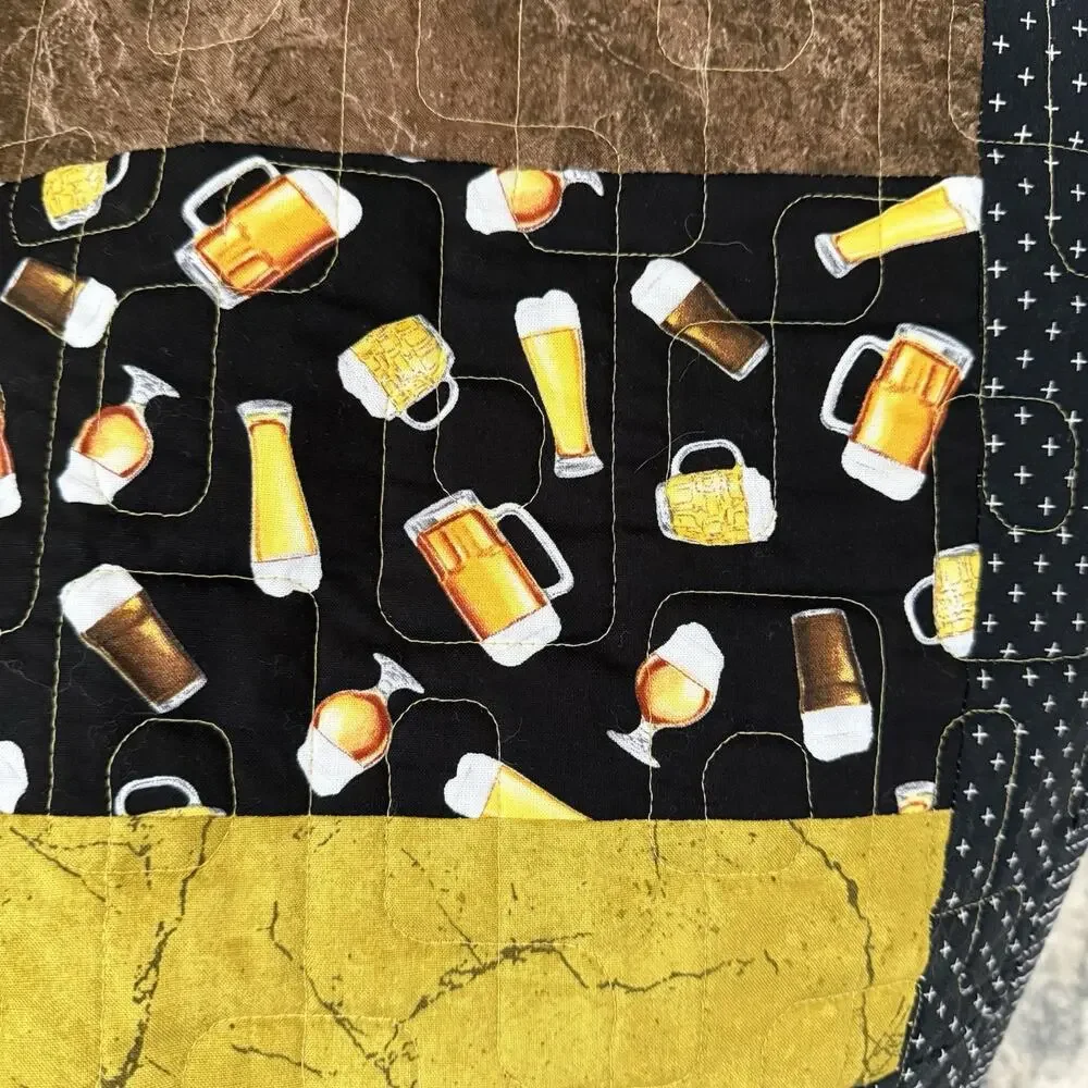 Handmade Quilt BEER BAR Theme Throw 45x66 Fun Novelty Gift Black Gold Brown EUC